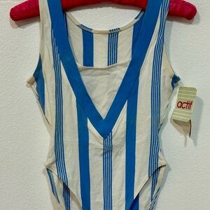 Actif Vintage 80s Blue and White Striped Bodysuit, S/M
